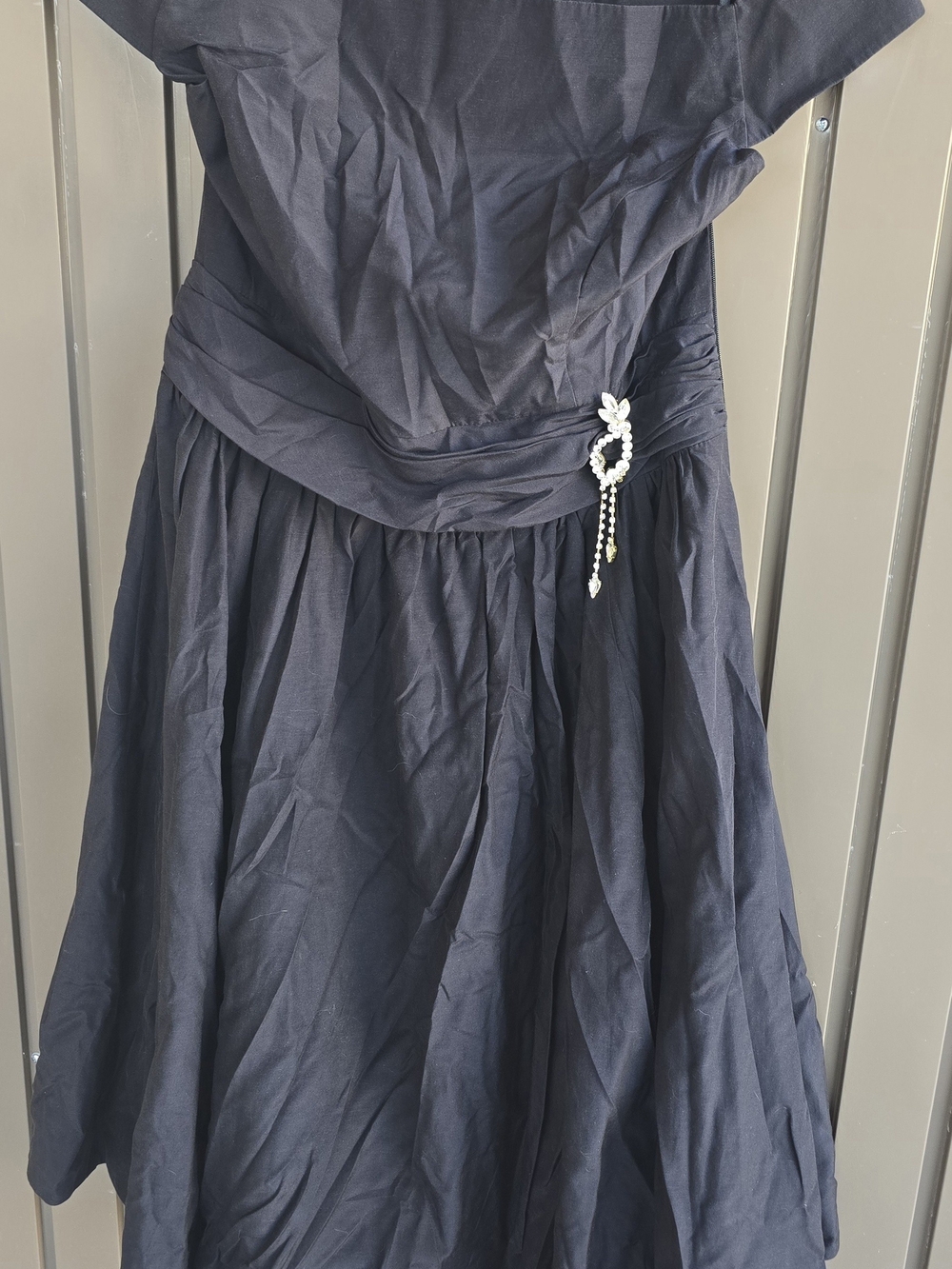 J. Peterman Black Strapless Midi Dress with Rhinestone Brooch